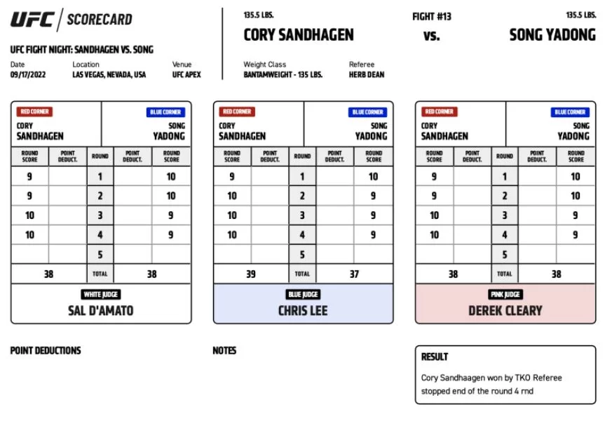 Tarjetas arbitrales de la pelea Son vs Sandhagen